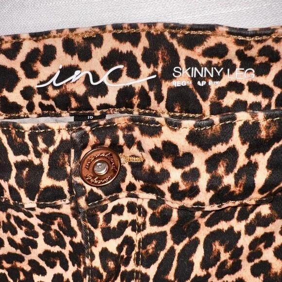 INC Skinny Jeans Womens 16 Cheetah Print Stretch 5-Pocket Denim Copper Button - Picture 9 of 16